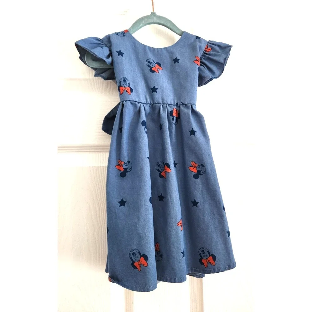Disney Junior Minnie Mouse Blue Red Girls Sun Dress 3T Chambray Flutter Sleeve